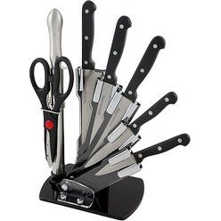 5 x Bakelite Stainless Steel Knives, Scissors, Knife Sharpener and Base